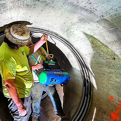 Two technicians air testing a HydraTite seal