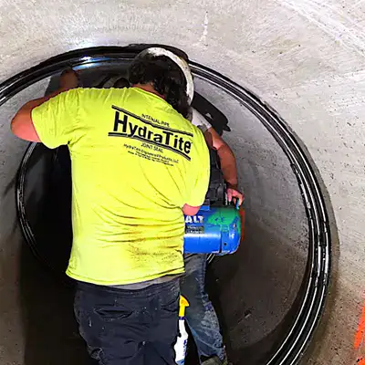 Two technicians pumping air behind the rubber seal