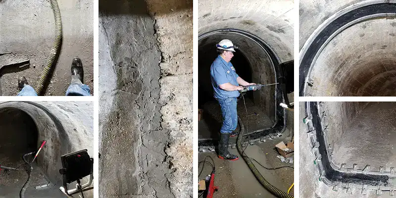 Four images of HydraTite installed in a round pipe