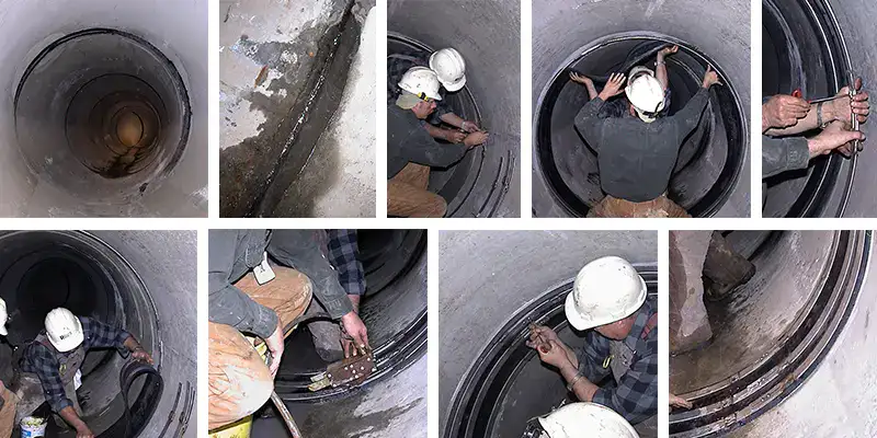 Four images of HydraTite installed in a round pipe