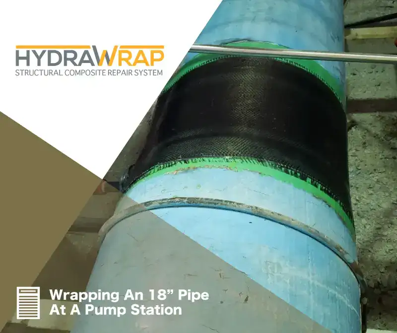 HydraWrap applied to the exterior of a 18" FRP pipe, 'Wrapping An 18" Pipe At A Pump Station'