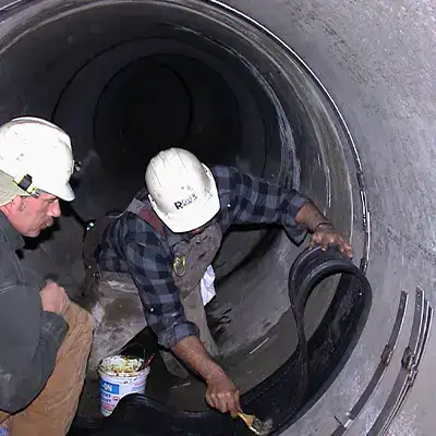 Two technicians installing HydraTite in a round pipe