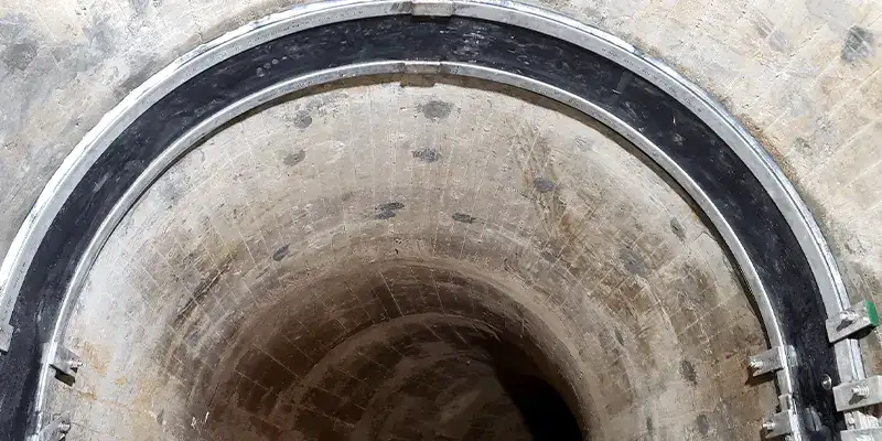 Two technicians installing HydraTite in a round pipe