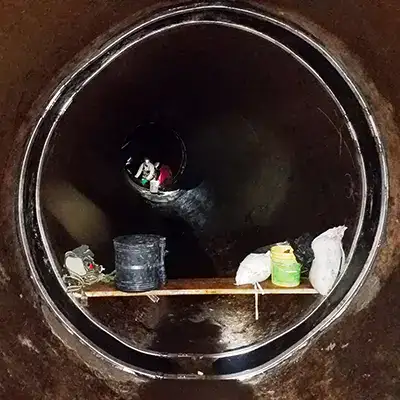 Two technicians installing HydraTite in a round pipe