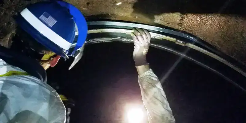 Two technicians installing HydraTite in a round pipe