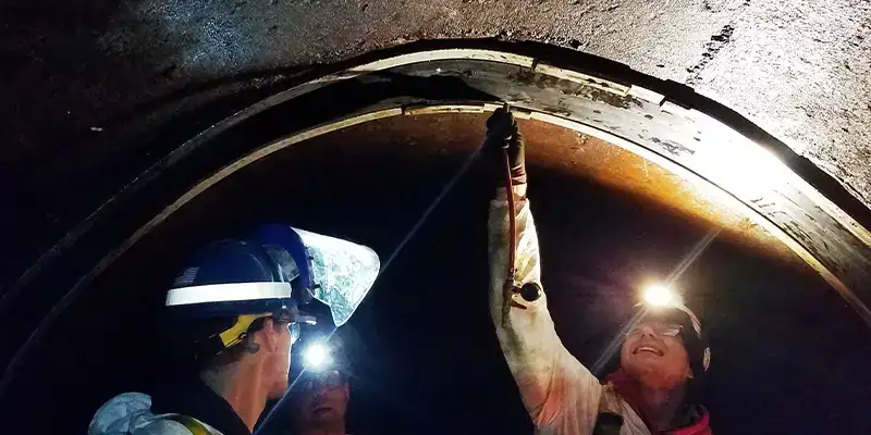 Two technicians installing HydraTite in a round pipe