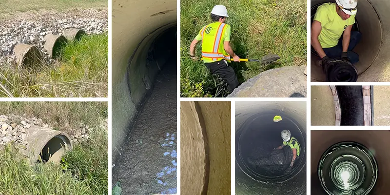 Six images showing a PVC pipe repair utilizing HydraTite