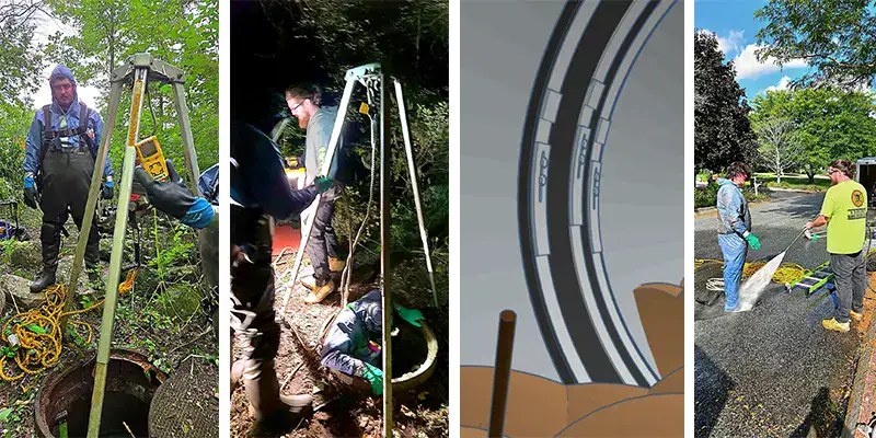 Six images showing a PVC pipe repair utilizing HydraTite