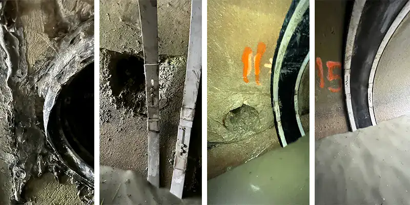 Six images showing a PVC pipe repair utilizing HydraTite