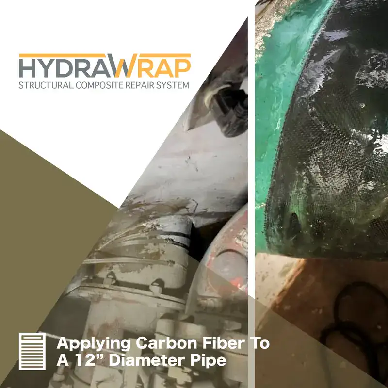 Two images, before and after HydraWrap is applied to a compromised pipe, 'Applying Carbon Fiber To A 12" Diameter Pipe'