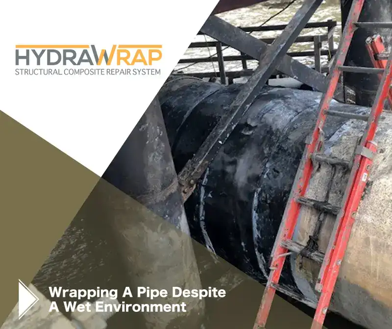 A sanitary pipe that has been wrapped in carbon fiber fabric, 'Wrapping A Pipe Despite A Wet Environment'