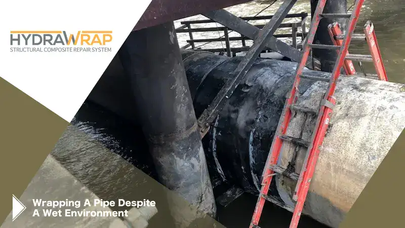 A sanitary pipe that has been wrapped in carbon fiber fabric, 'Wrapping A Pipe Despite A Wet Environment'