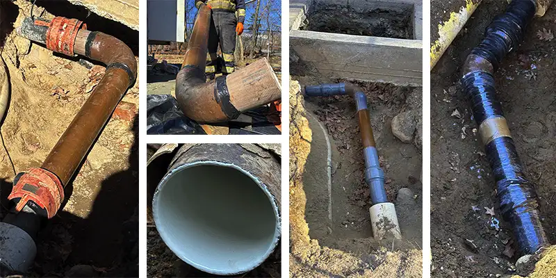 Three image, posts that have become degraded by the elements, a post where a portion of the base has rotted away, a row of post that have had a portion of their base reinforced with HydraWrap