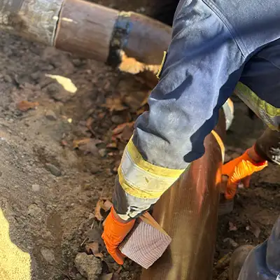 New concrete poured around the base of a pavilion post. A lower portion of the post has been reinforced with HydraWrap