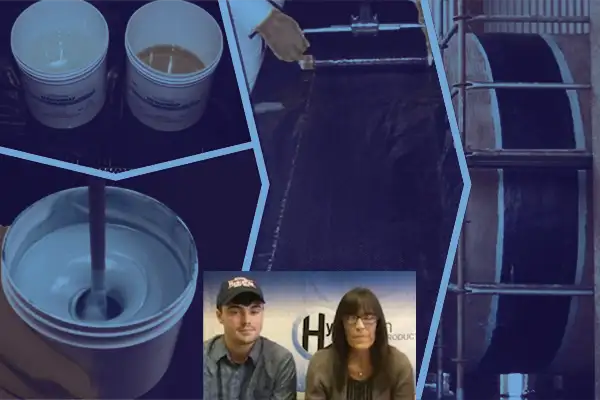 Two people on a webcam in front of several HydraWrap images