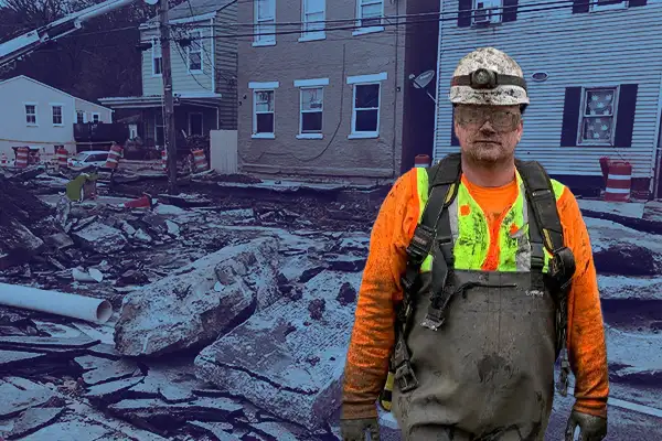 Technician standing in front of a sinkhole