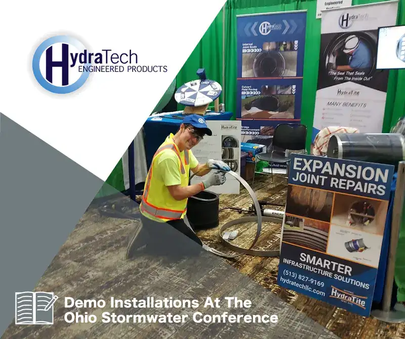 Caleb constructing a retaining band for the HydraTite seal, 'Demo Installation At The Ohio Stormwater Conference'