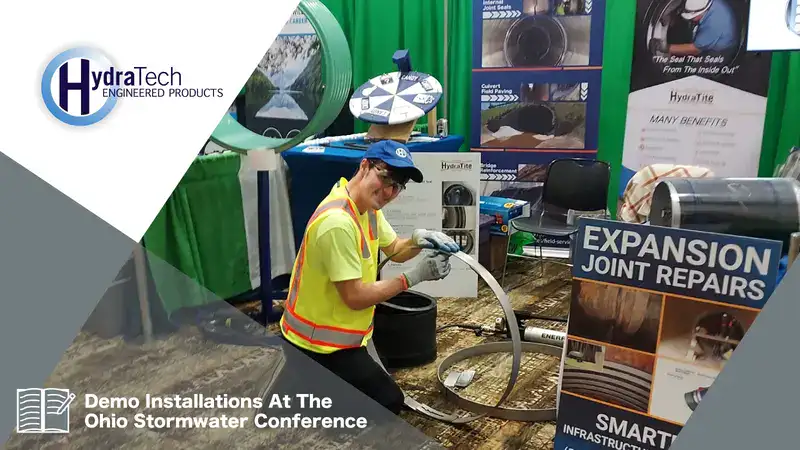 Caleb constructing a retaining band for the HydraTite seal, 'Demo Installation At The Ohio Stormwater Conference'