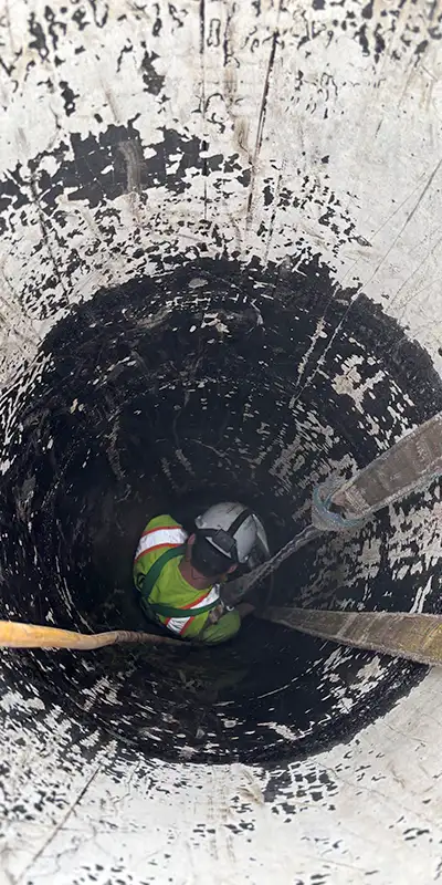 A-Technician-Deep-In-A-Pipe Retaining bands sitting at the invert of a pipe near the joints
