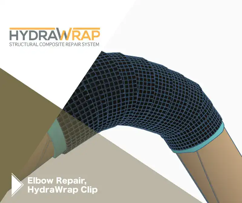 A 3d rendering of a pipe elbow that is wrapped in carbon fiber fabric, 'Elbow Repair, HydraWrap Clip'