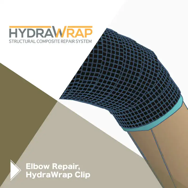 A 3d rendering of a pipe elbow that is wrapped in carbon fiber fabric, 'Elbow Repair, HydraWrap Clip'