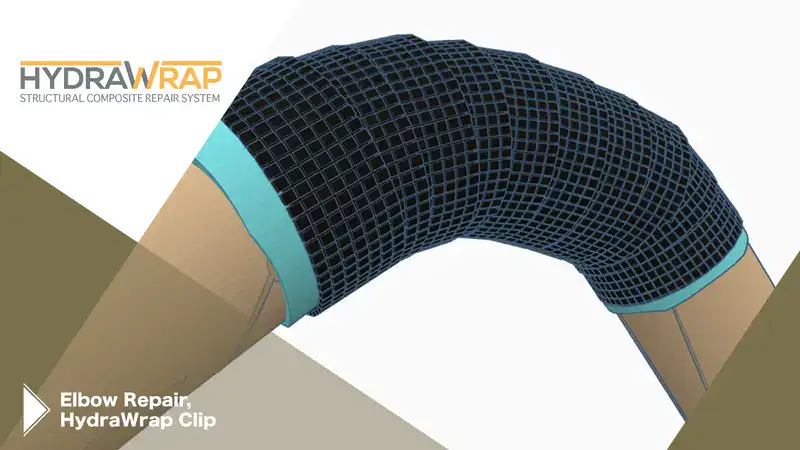 A 3d rendering of a pipe elbow that is wrapped in carbon fiber fabric, 'Elbow Repair, HydraWrap Clip'