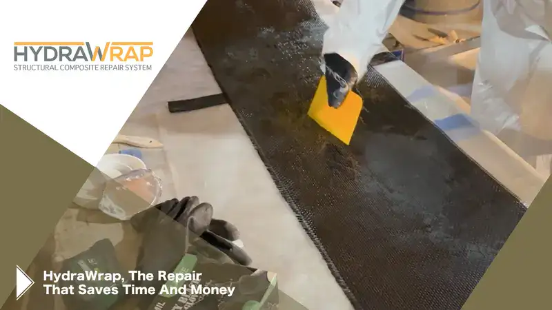 Carbon fiber fabric on a table being saturated with wet out resin, 'HydraWrap, The Repair That Saves Time & Money'