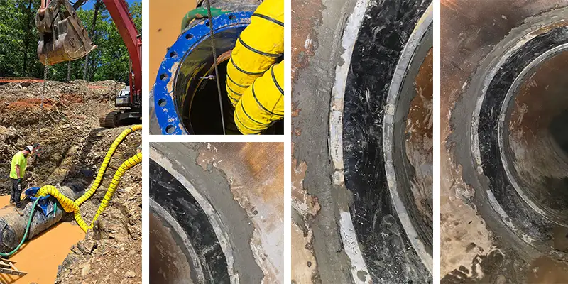 Group Of Images In Which HydraTite Has Been Installed Over A Pipe Joint Four images of HydraTite installed in a round pipe