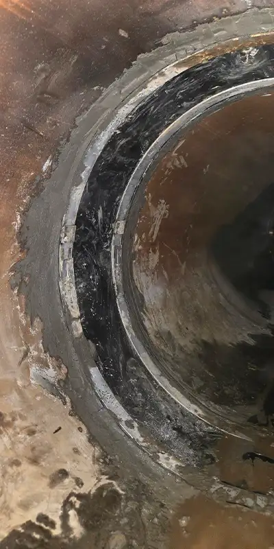 HydraTite Installed Over A Joint With Concrete Applied To The Edges Of The Seal3 Retaining bands sitting at the invert of a pipe near the joints