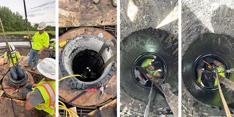 Row-Of-Images-Of-HydraTite-Being-Installed-In-A-Small-Diameter-Vertical-Pipe Four images of HydraTite installed in a round pipe