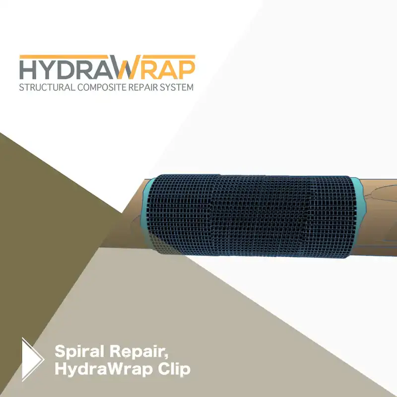 A 3d rendering of a pipe repaired with a carbon fiber wrap, 'Spiral Repair, HydraWrap Clip'