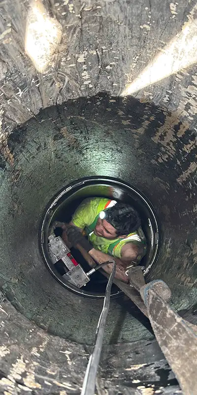 Technician-In-A-Small-Diameter-Pipe-Installing-HydraTite Retaining bands sitting at the invert of a pipe near the joints