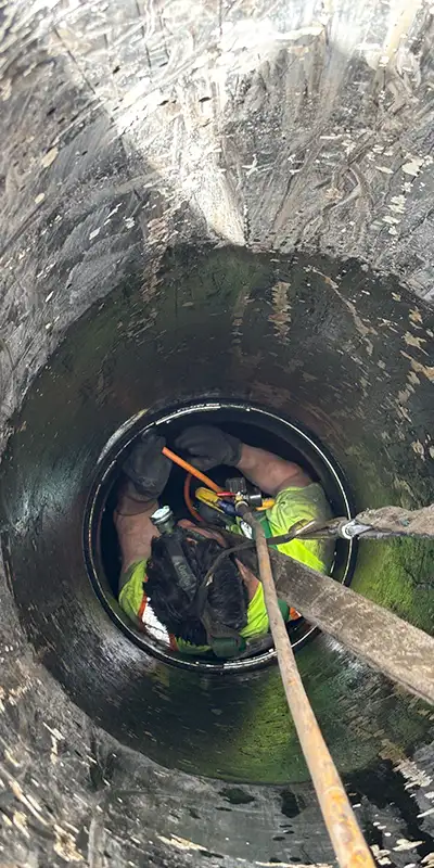 Technician-In-A-Small-Diameter-Pipe Retaining bands loosely placed over a rubber seal