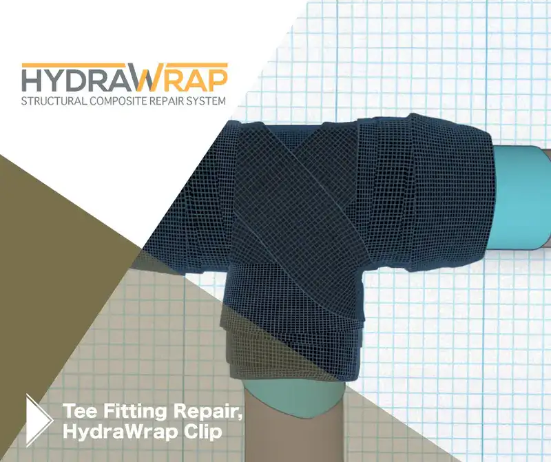 A 3d rendering of a tee fitting that has been wrapped in carbon fiber, 'Tee Fitting Repair, HydraWrap Clip'