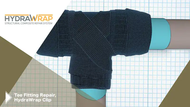 A 3d rendering of a tee fitting that has been wrapped in carbon fiber, 'Tee Fitting Repair, HydraWrap Clip'