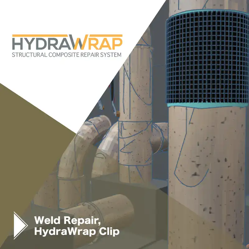 A 3d rendering of a HydraWrap weld repair on two pipes, 'Weld Repair, HydraWrap Clip'