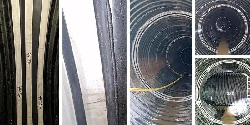 Four images of HydraTite installed in a round pipe
