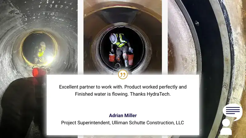HydraTite Testimonial1 Images showing before and after HydraTite is installed over the joints of a pipe, overlayed with a testimonial from Adrian Miller