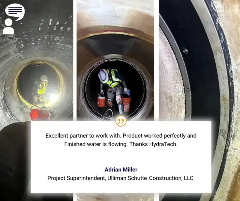 HydraTite Testimonial3 Images showing before and after HydraTite is installed over the joints of a pipe, overlayed with a testimonial from Adrian Miller