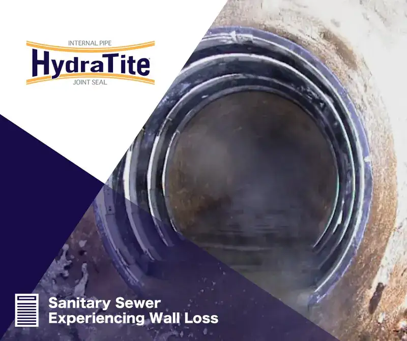 Three interlocked HydraTite seals installed over a compromised point in a pipe, 'Sanitary Sewer Experiencing Wall Loss'