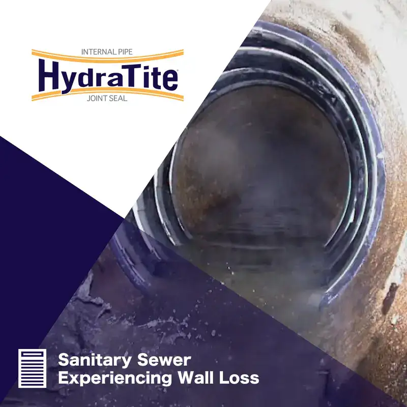 Three interlocked HydraTite seals installed over a compromised point in a pipe, 'Sanitary Sewer Experiencing Wall Loss'