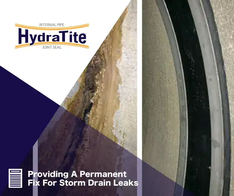 Several images of inside a RCP pipe, some of joints that have become compromised and one of a joint that has been sealed with HydraTite, 'Providing A Permanent Fix For Storm Drain Leaks'