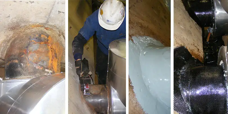 Three image, posts that have become degraded by the elements, a post where a portion of the base has rotted away, a row of post that have had a portion of their base reinforced with HydraWrap