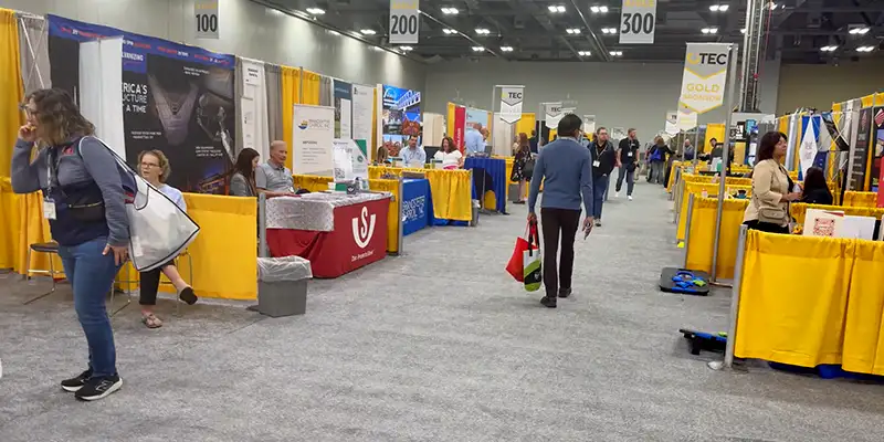 A row of booths at a trade show