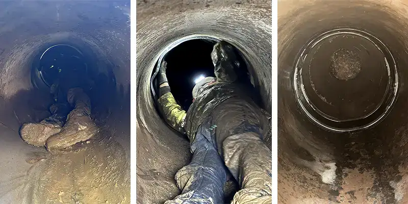 three images of a technician in a small-diameter pipe installing HydraTite, the internal pipe joint seal, over a joint to fortify it against leaks