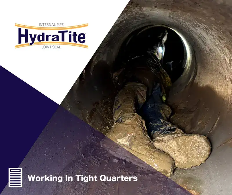 A technician in a small-diameter pipe installing HydraTite, the internal pipe joint seal, over a joint to fortify it against leaks, 'Working In Tight Quarters'