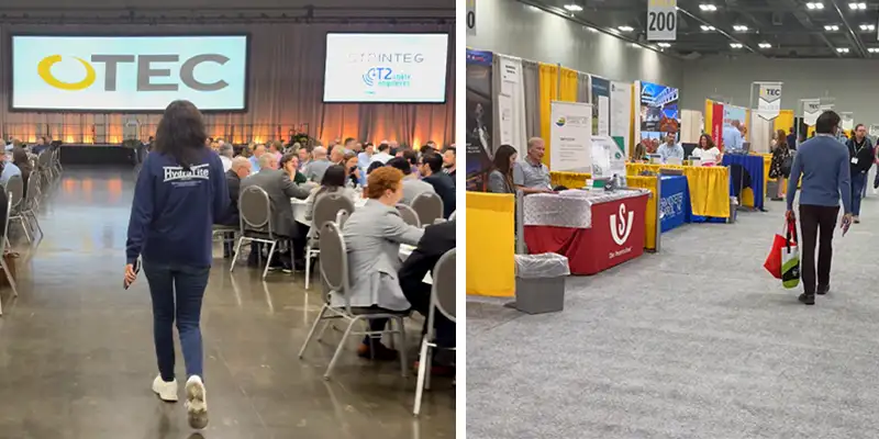 Two images, one of Jennifer walking through a large dining area, a row of trade show booths