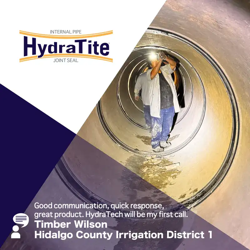 Two people inside a pipe inspecting a pipe joint sealed with HydraTite, 'Restoring Structural Integrity After Seismic Damage'