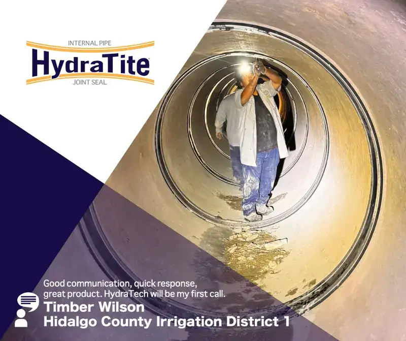 A technician installing HydraTite over a joint in a circular pipe with a testimonial overlay