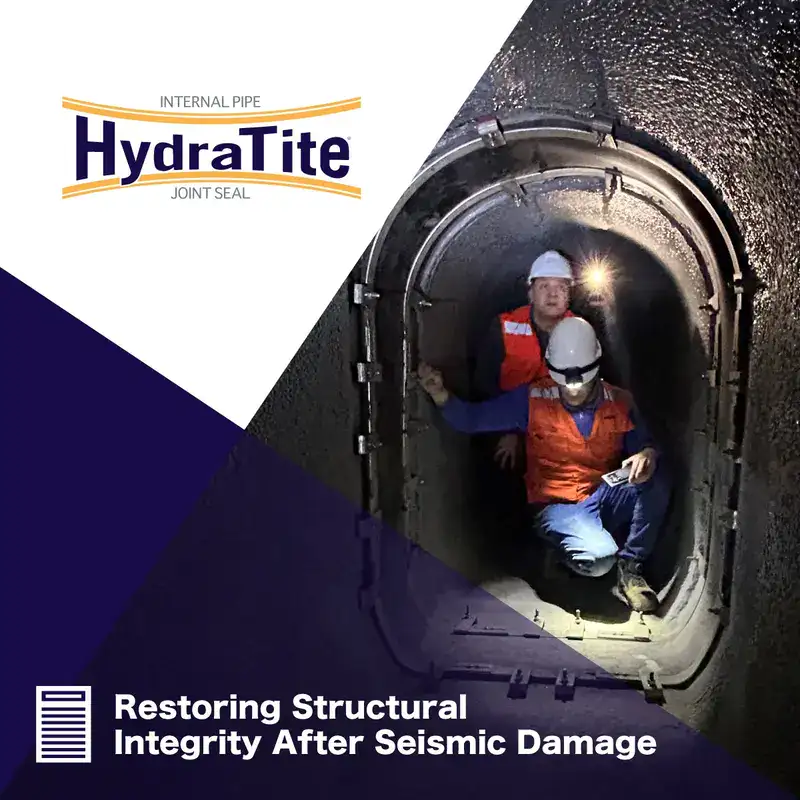 Two people inside a pipe inspecting a pipe joint sealed with HydraTite, 'Restoring Structural Integrity After Seismic Damage'
